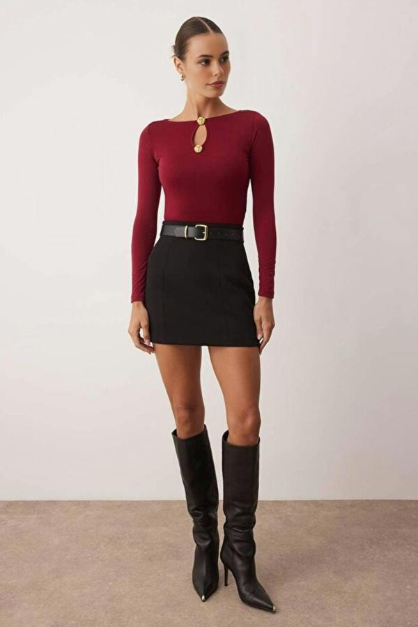 WOVCOR Accessory/Cut out Detailed Long Sleeve Fitted Knit Blouse