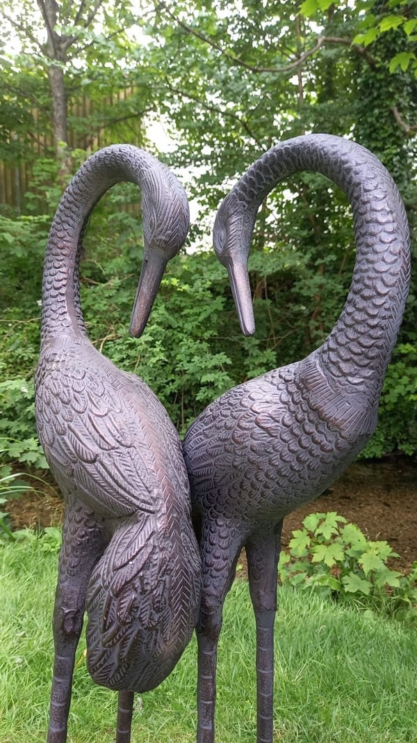 Inspirational Gifting Pair of Love Cranes Garden Ornaments Aluminium with Bronze Finish 1m tall