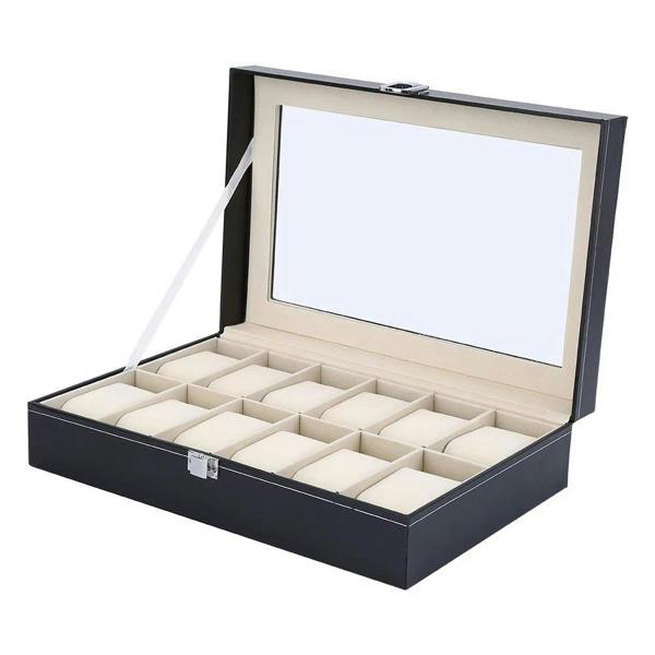 Dyzi 12 Slot Faux Leather Watch Box Transparent Lid Velvet Lined Organiser