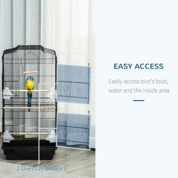Black metal bird cage with two oversized doors for easy access