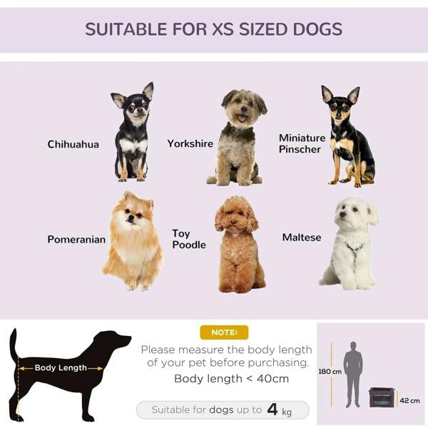 Pet carrier sizing guide listing suitable dog types and body-length note for fit