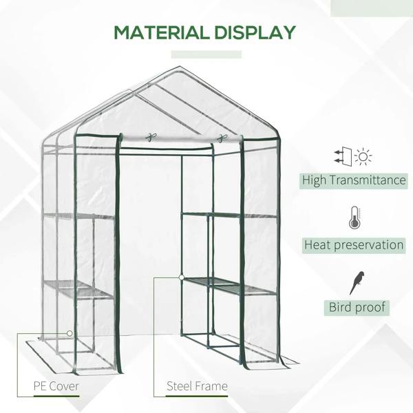 Walk-in greenhouse clear PE cover on green steel frame with front zip door and shelves