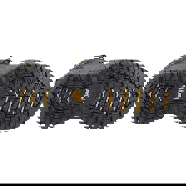 Caterpillar Striver XL 6" Mens Waterproof S7 Lace Up Safety Ankle Boots, view of the durable black rubber outsole with yellow accents and deep tread pattern for extra grip.