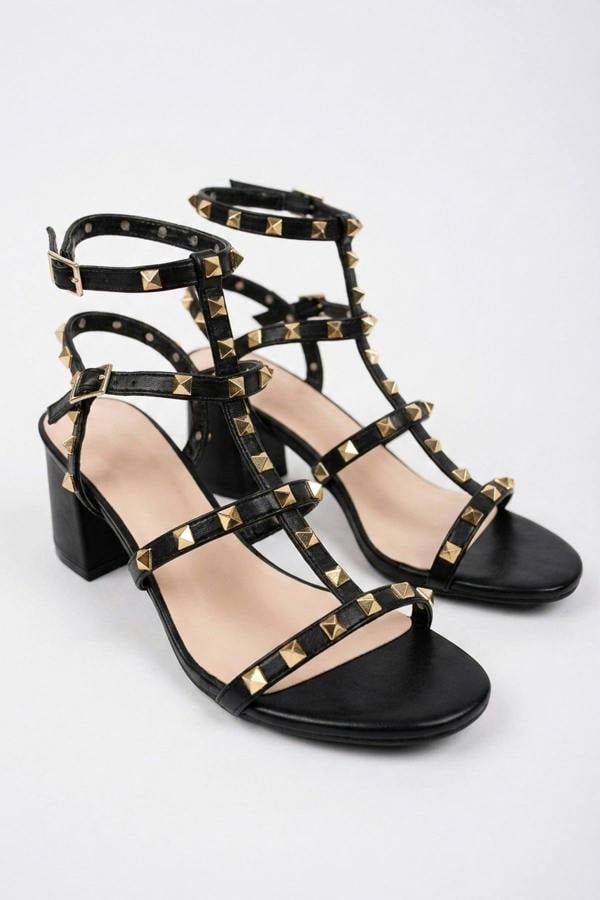 Edie Studded T Bar Block Sandals - Black