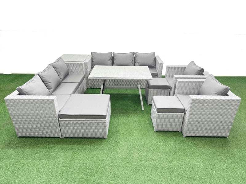 Fimous 11 Seater Garden Furniture Set PE Rattan Garden Sofa Set with Rectangular Dining Table 3 Stool Side Table Light Grey