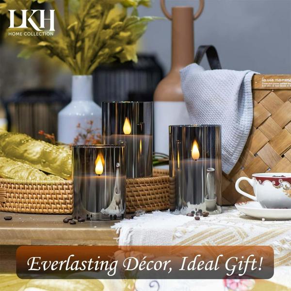 LKH HOME COLLECTION Flickering Glass LED Candles Pack of 3 - Warm White Light Battery Operated Candles with Remote Control