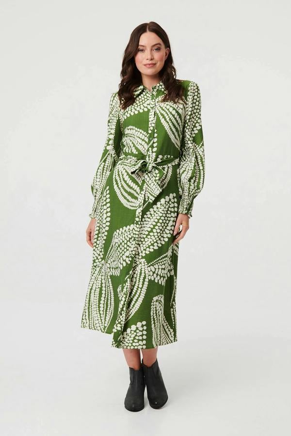 Green | Printed Balloon Sleeve Midi Shirt Dress