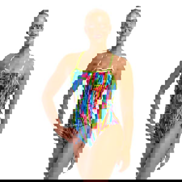 Funkita Glitch Swim Secure period proof swimsuit in multicolored geometric pattern with neon accents