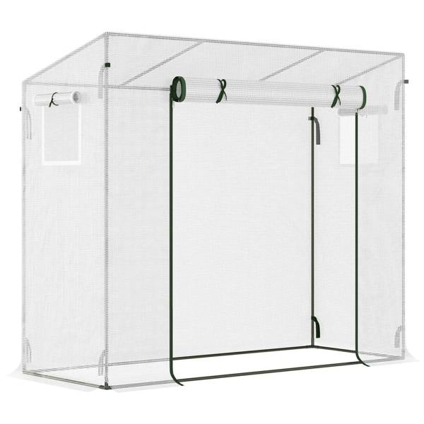 White walk-in garden greenhouse with green roll-up doors and window panels