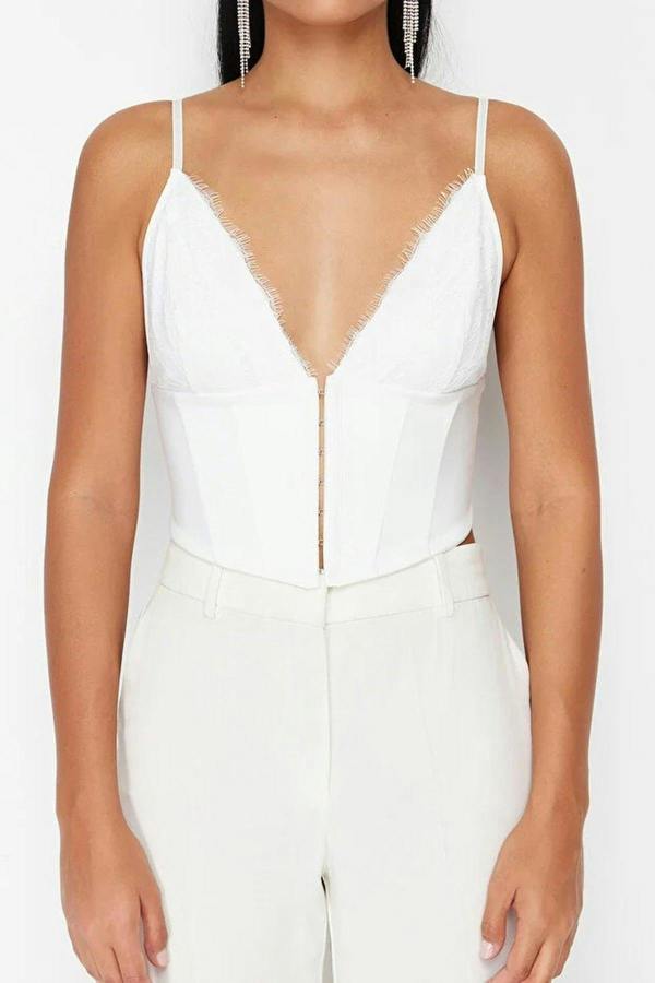 WOVCOR Crop Woven Lace Bustier with Lining and Hooks