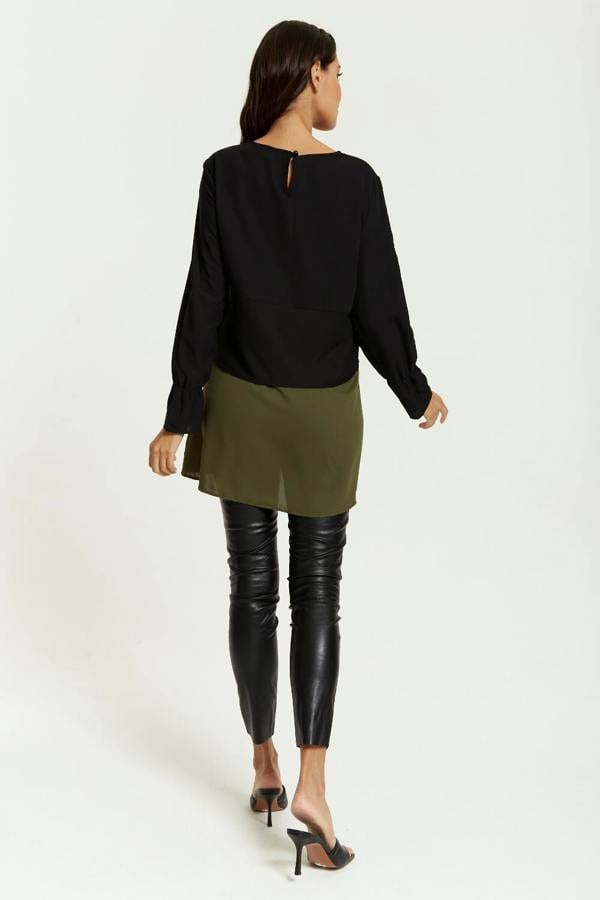 Hoxton Gal Oversized Satin Long Sleeves Colour Block Tunic Top in Black, Black and Khaki