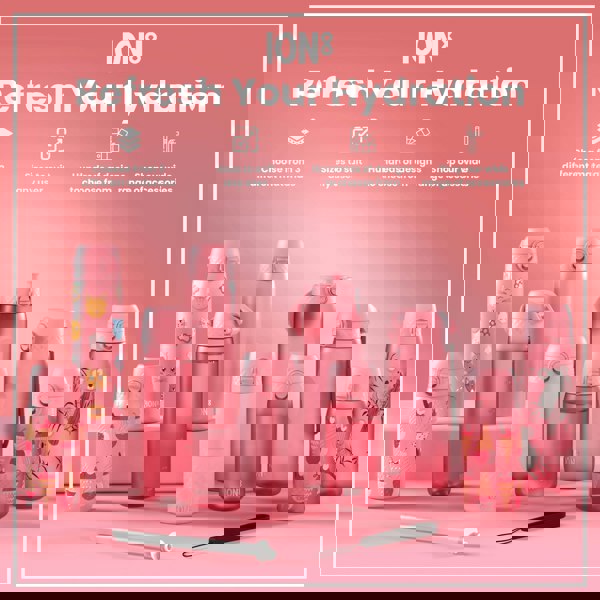 Pink ION8 water bottles, various sizes and designs, are displayed on a pink surface; accessories are shown. Choose from 3 materials; sizes suit any user; hundreds of designs; wide range of accessories.