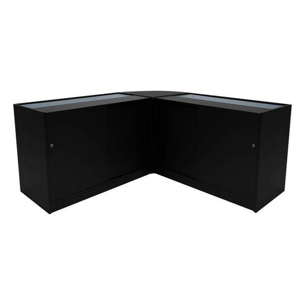 Black Hera LED Shop Counter Set featuring sleek design, glass display tops, and spacious storage cabinets, perfect for retail use