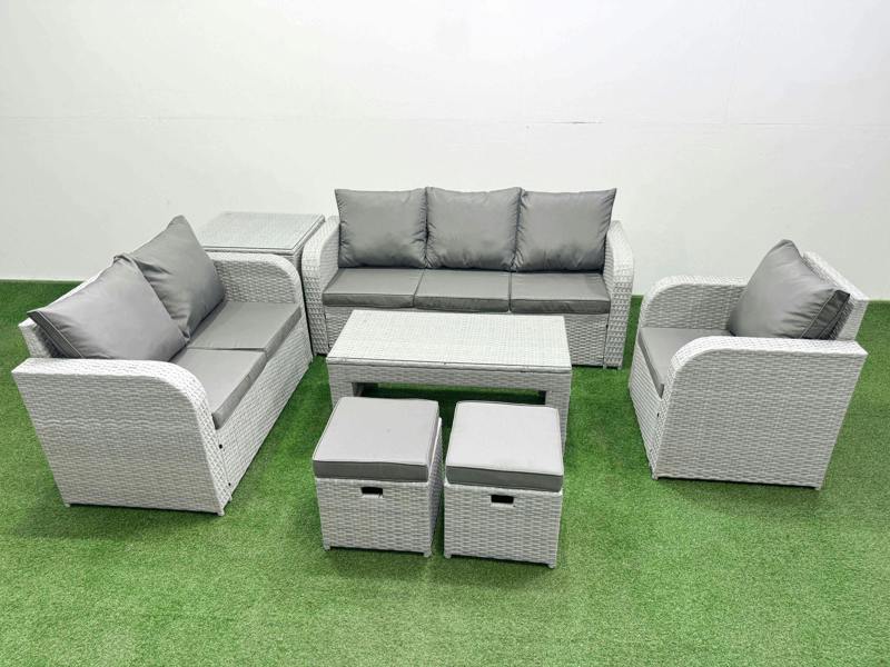 Fimous 8 Seater Patio Sofa Set, Rattan Garden Furniture, Coffee Table, Reclining Chair, Loveseat, 3 Seater Sofa, Stool and Side Table, Light Grey