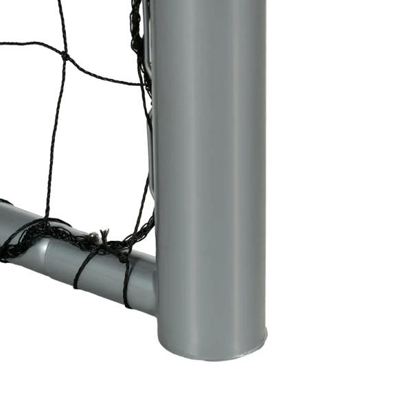 Base corner of light grey football goal post with black mesh net secured