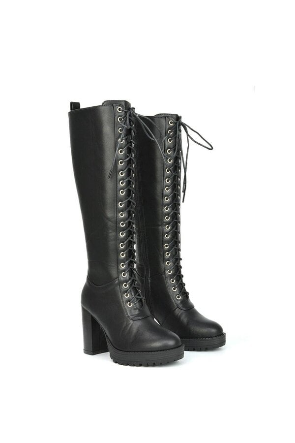 XY LONDON Knee High Block Heel Lace Up Platform Boots