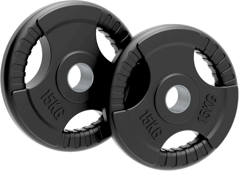 Two 15kg black Olympic tri-grip rubber weight plates featuring textured grips and a central hole for easy handling and secure fit