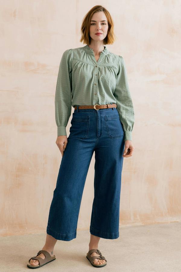 Lily & Me Wayfaring Embroidered Cotton Blouse Silver Sage