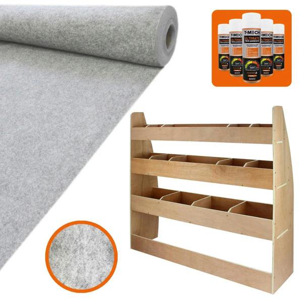 Silver van lining rolls and a wooden racking unit with five open shelves, featuring a smooth finish and sturdy design