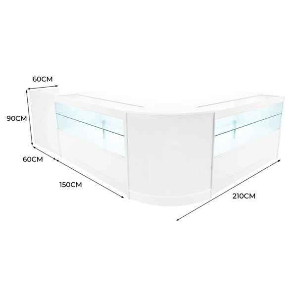 Curved white LED shop counter set featuring glass display shelves, measuring 210cm wide, 90cm high, and 60cm deep