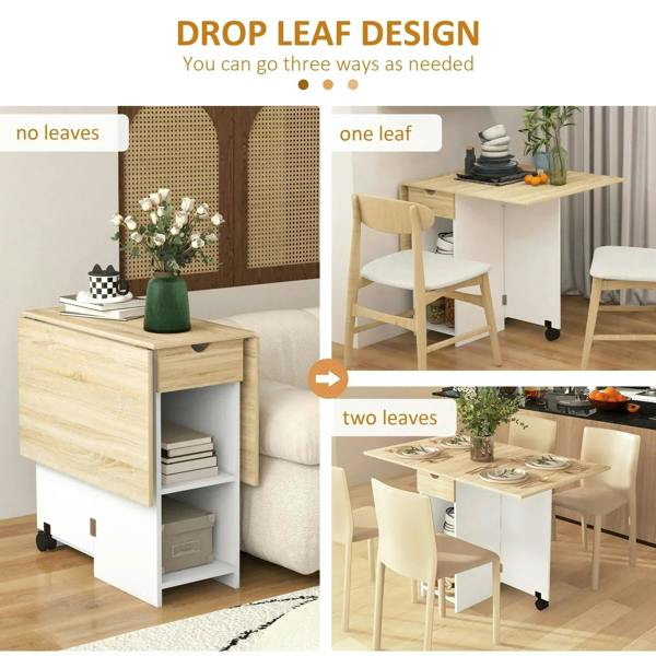 Oak drop-leaf folding table in no-leaf, one-leaf, and two-leaf setup views