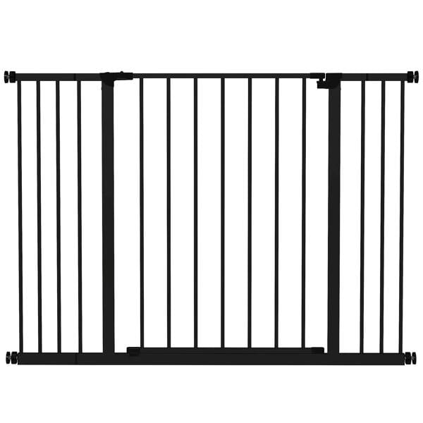 Black pet safety gate with vertical bars and pressure-fit mounting ends