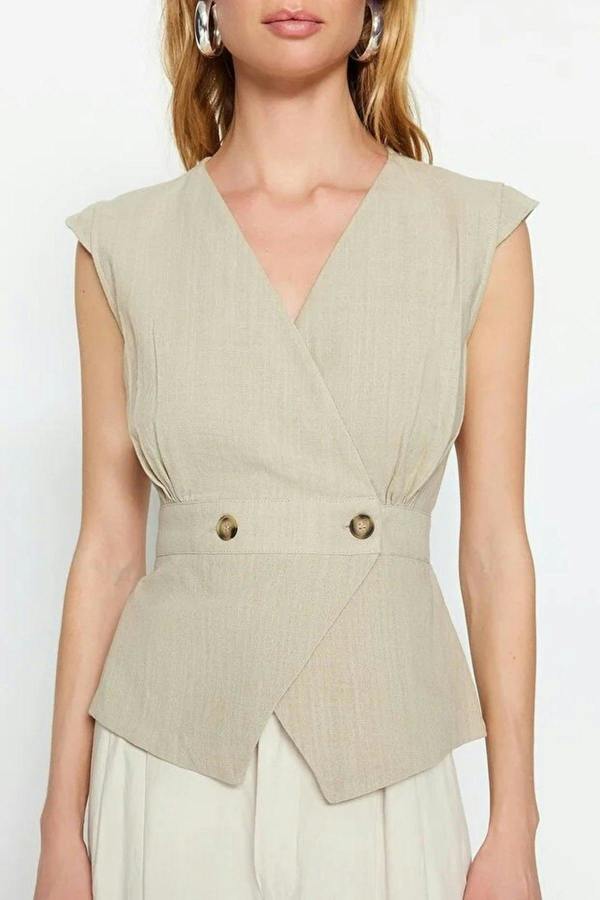 WOVCOR Double-Breasted Woven Blouse with Bone Button Detail