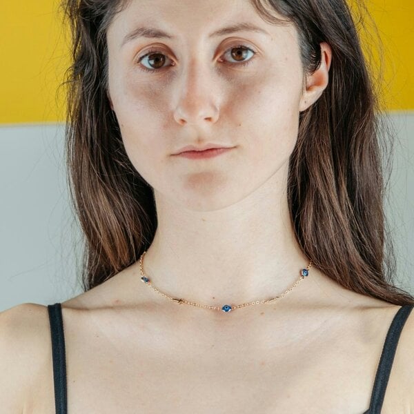The Colourful Aura Blue Evil Eye Sideways Cross Necklace Minimalist Choker Dainty Protection Choker