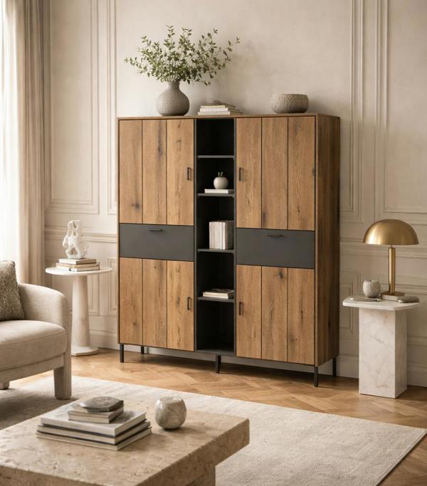 Wyld Haus Nightbloom Grey and Oak Effect Wood Wardrobe 4 Door 2 Drawer 4 Shelves