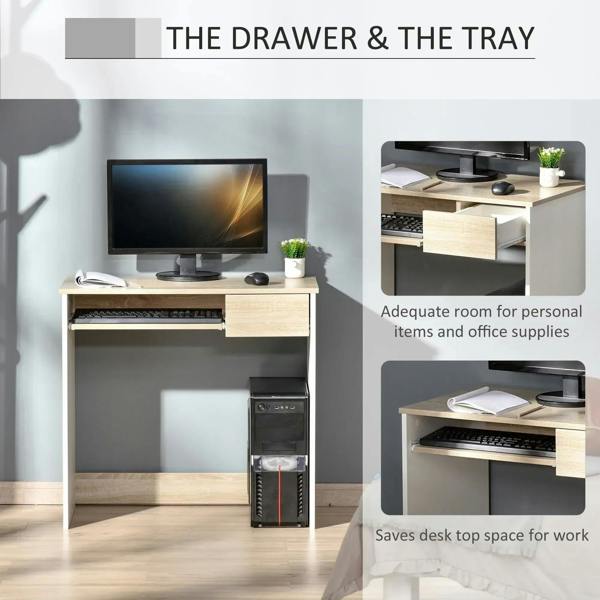Compact desk with oak drawer front and pull-out keyboard tray under the tabletop