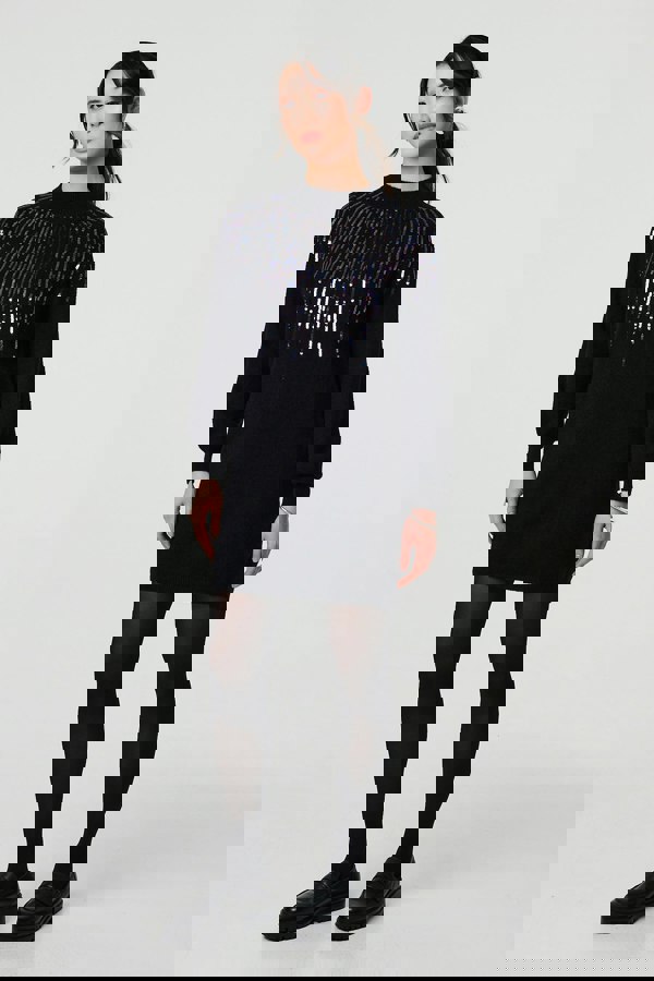 Black | Sequin Stripe Long Sleeve Knit Mini Dress
