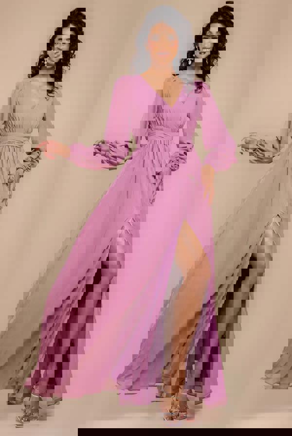 Sustainable Front Split Wrap Style Chiffon Maxi Dress - Dusty Lavender DR4314BBS