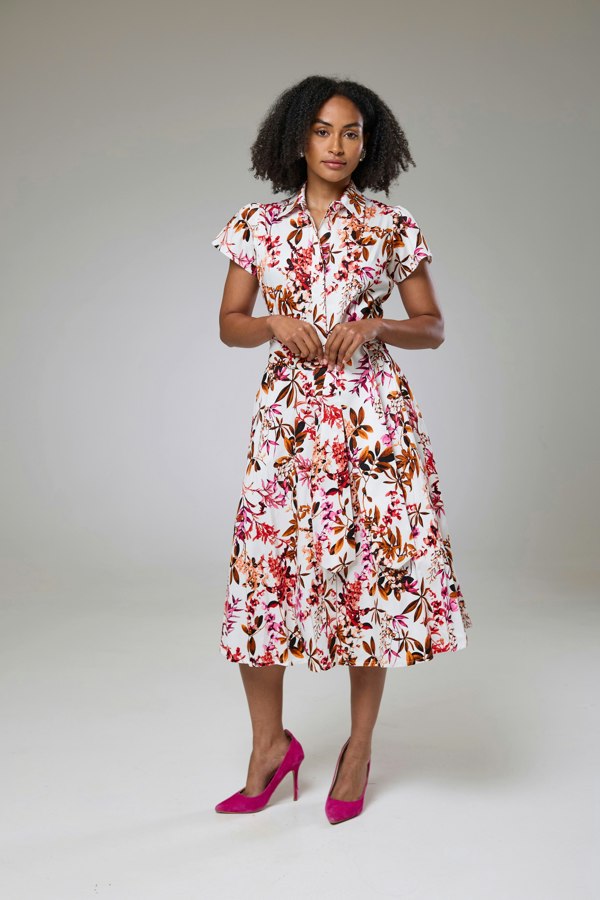 Isha's Timeless collection Blooming Pink Flora Short Sleeve Shirt Dress