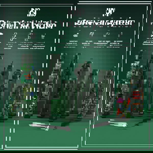 Several dark-green water bottles, various sizes and designs, are displayed on a green surface; accompanying text advertises material choices, sizes, designs, and accessories.