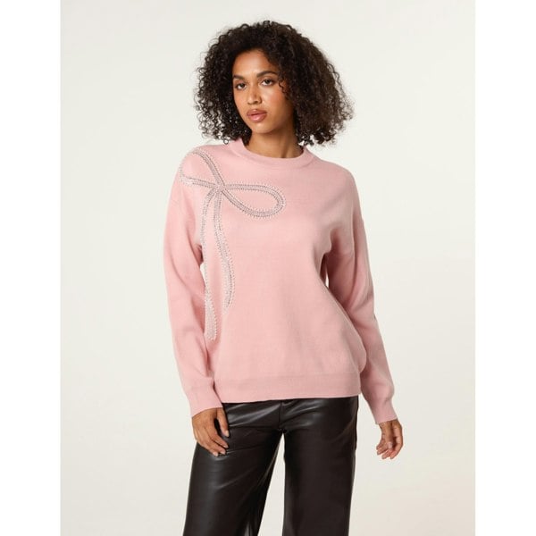 Blue Vanilla Diamante And Pearl Bow Knit Jumper