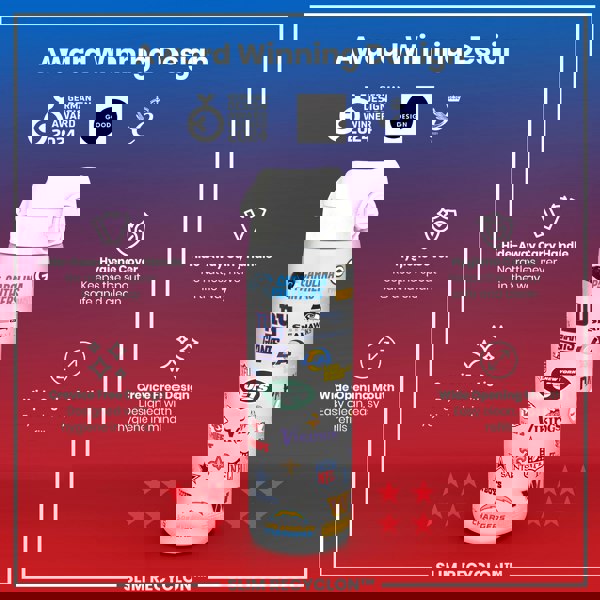 A water bottle, displaying various NFL team logos, sits against a red and purple background. Features highlighted include a hide-away handle, crevice-free design, hygiene cover, and wide opening mouth. Award Winning Design. German Design Award Winner 2024. Good Design. 2021. Slim Recyclon™.