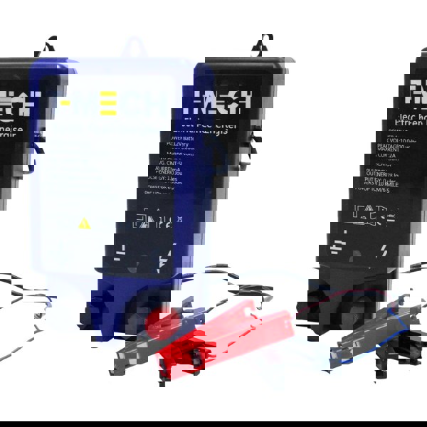 T-Mech Electric Fence Energiser in blue with red and black clips, designed for powering electric fences up to 10 miles