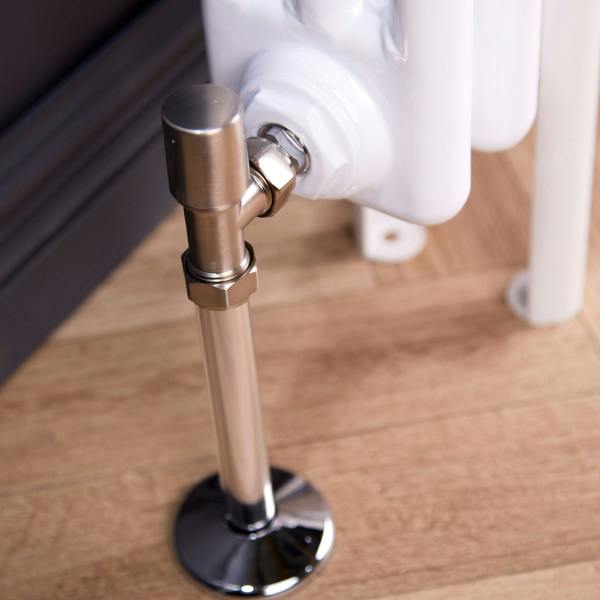 Flode Angled Round Thermostatic Radiator Valve Pack | 15mm x 1/2" | Brushed Steel