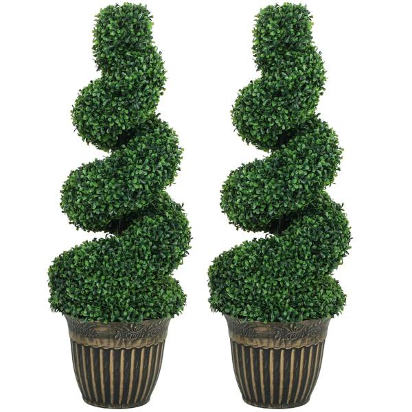 Set of 2 artificial boxwood spiral topiary plants in ribbed pots, light green foliage