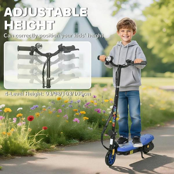 Adjustable-height blue electric scooter with black handlebars, child standing on deck