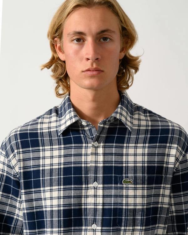close up of model wearing a Lacoste Casual Flannel Mens Long Sleeve Shirt in Lapland/Navy Blue-Rill DCN0