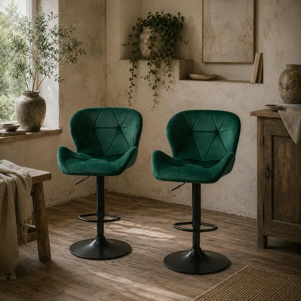 Wyld Haus Somaveno Velvet Green Adjustable H8 Bar Stools Set Of 2 With Metal Base And Footrest