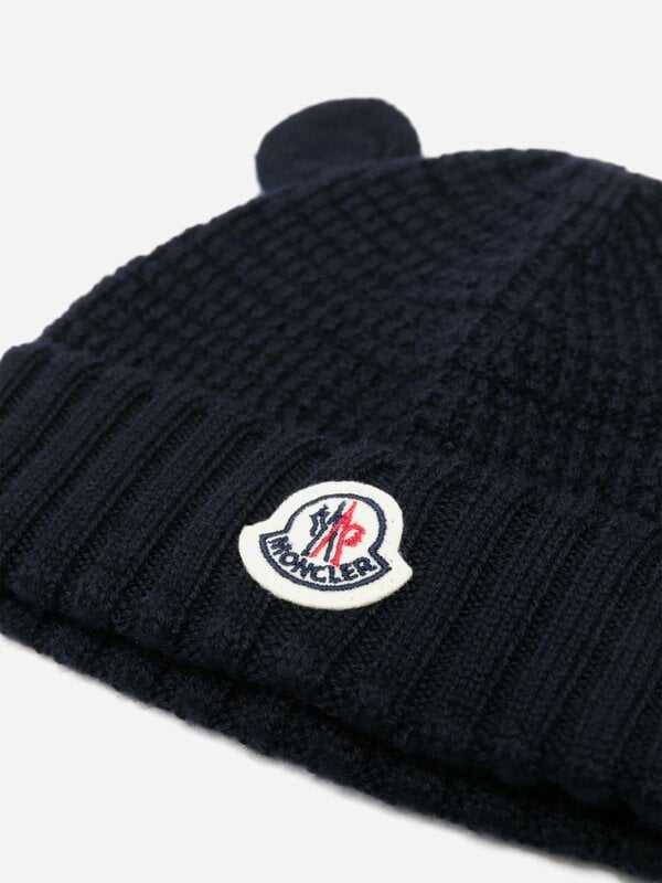Moncler Enfant Baby Wool Beanie Hat with Ears in Navy