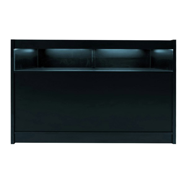 Sleek black LED retail shop counter B1500 with illuminated shelves, featuring a smooth finish and modern design for stylish displays