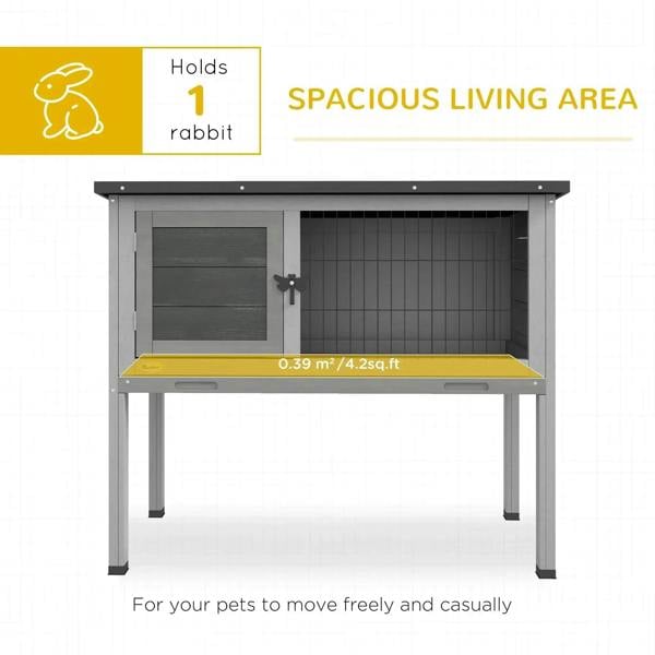 Grey small animal hutch with wire door opening and yellow pull-out tray
