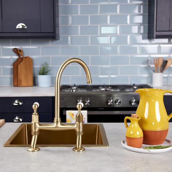 Flode Larvik | Kitchen Dual Lever Bridge Mixer Tap | Brushed Brass Finish
