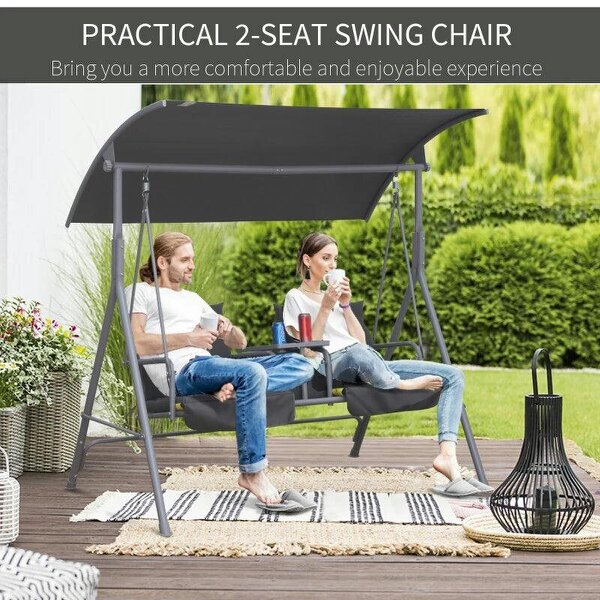 Steel Frame 2-Seater Swing Chair w/ Table Grey
