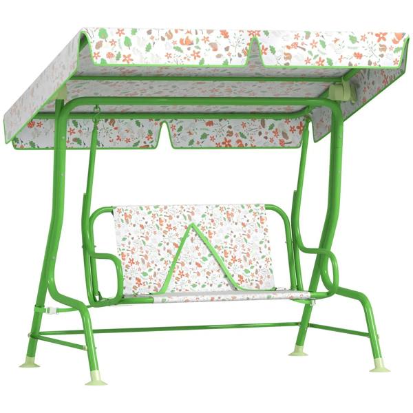 Kids garden swing bench with green metal frame, floral hammock seats, adjustable canopy