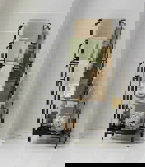 Modcraft Freestanding 3-Bar Towel Rack with Hooks & Storage Shelf, Ink Black, 50x30x100 cm