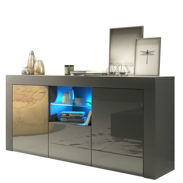 Mex Furniture Modern 145cm TV Unit, Cabinet Stand & Sideboard with Grey Gloss Doors & Free LED